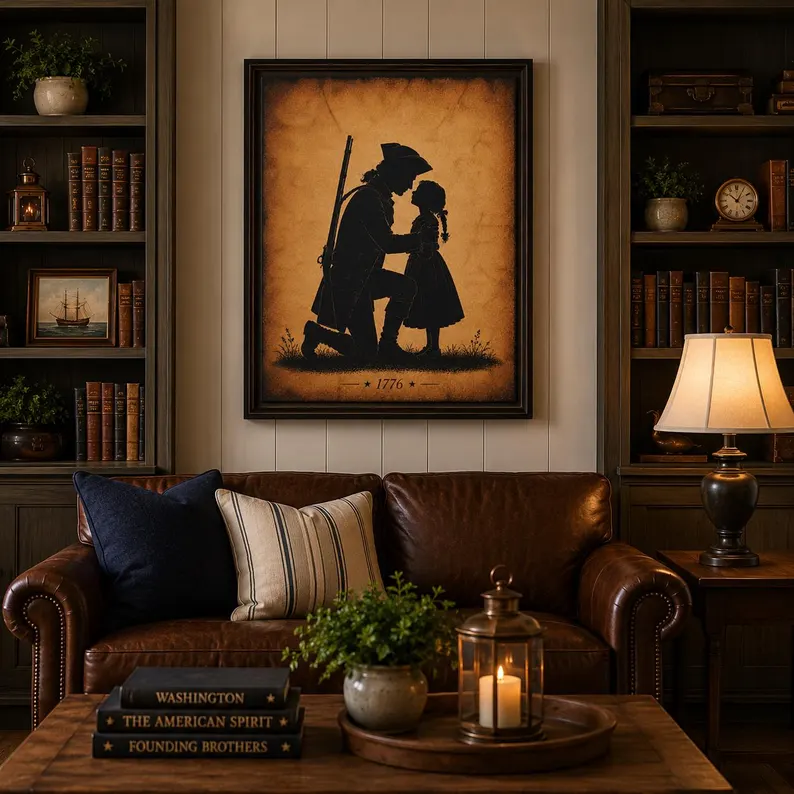 1776 soldier and daughter silhouette framed canvas in a refined study with floor-to-ceiling bookshelves, leather sofa, stacked history books, and soft lamplight