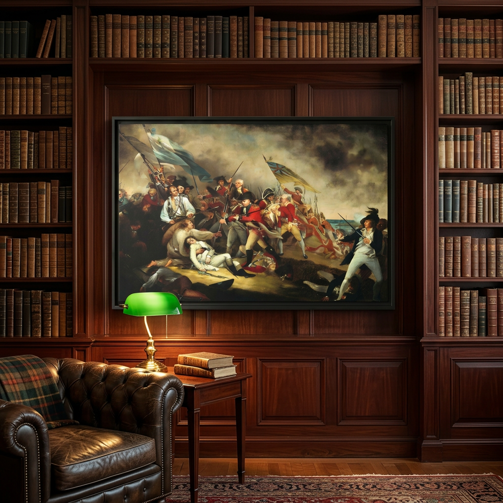 Framed canvas hung in a classic wood-paneled library