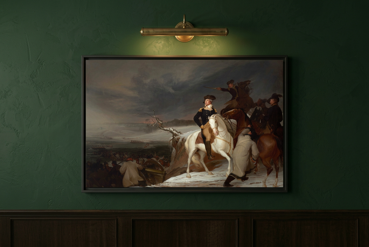 Close-up of Thomas Sully's The Passage of the Delaware framed canvas on a deep sage green wall lit by a brass picture light