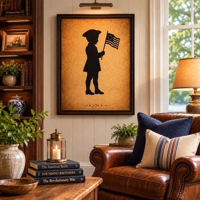Patriot Boy with Betsy Ross Flag silhouette framed canvas in a cozy traditional study with leather wingback chair, brass candle lantern, and a stack of American history books
