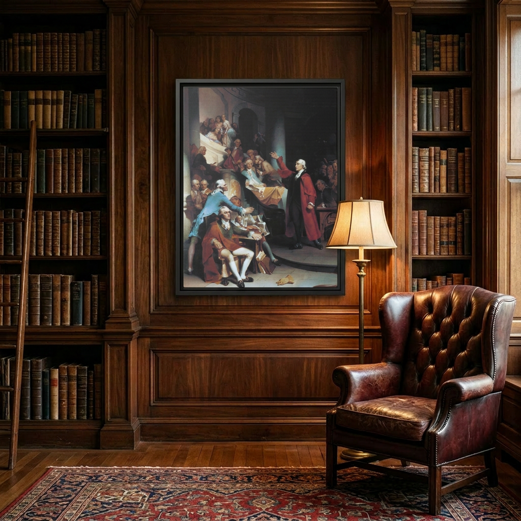 Patrick Henry Speech framed canvas in a wood-paneled gentleman's library with leather Chesterfield chair