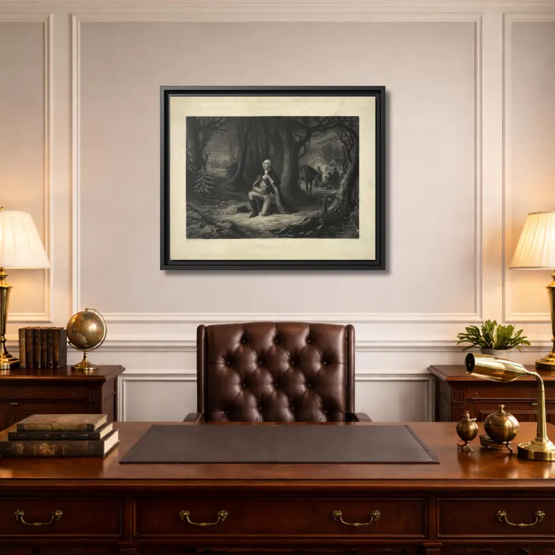 The Prayer at Valley Forge framed canvas above an executive desk in a paneled study