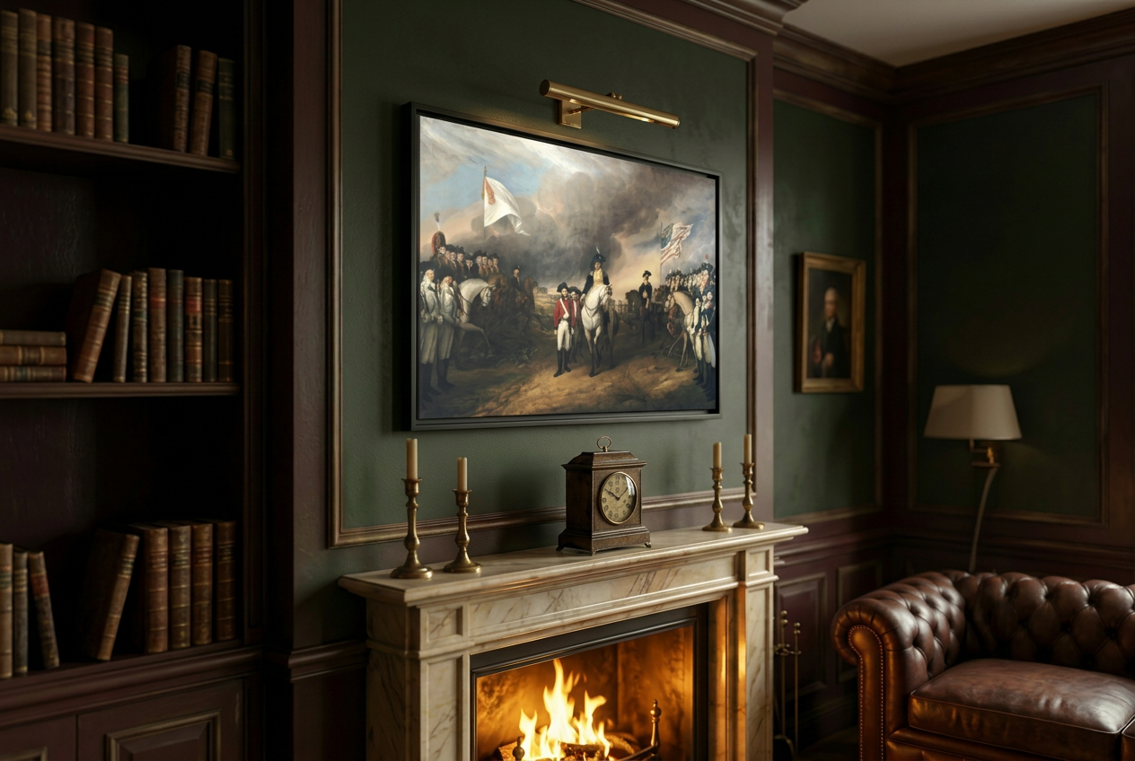 Surrender of Cornwallis at Yorktown framed canvas above a marble fireplace mantel in a wood-paneled study