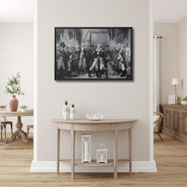 Washington's Farewell to His Officers framed canvas above a light demi-lune console table in a bright airy entryway