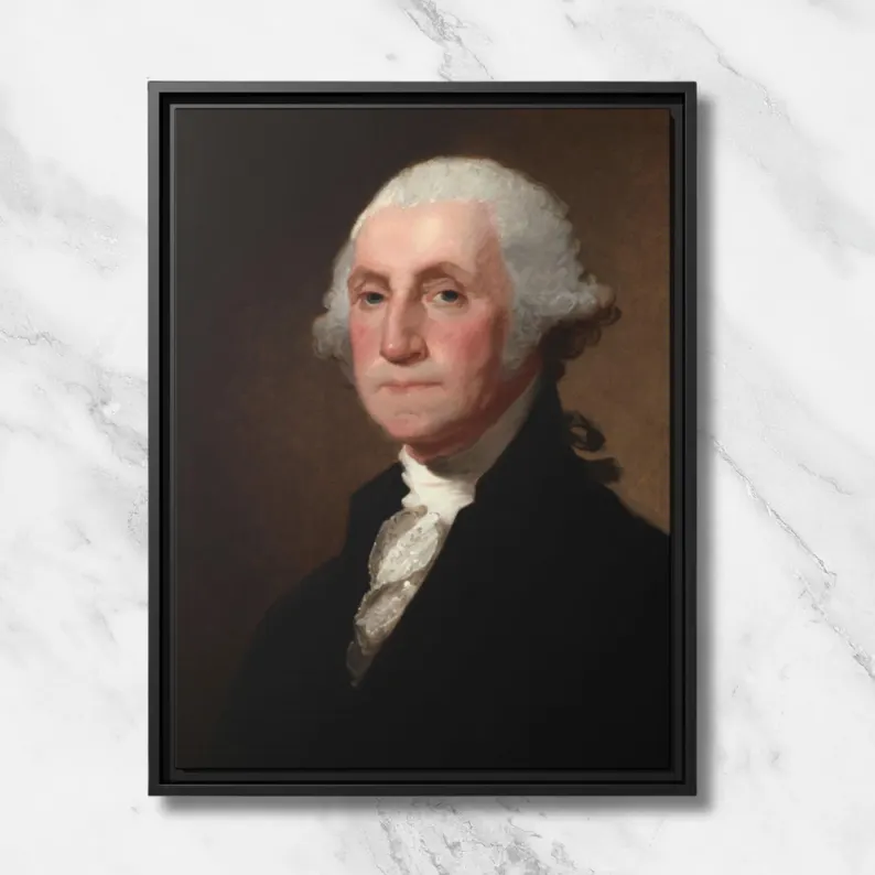 Close-up of Gilbert Stuart's Athenaeum Portrait of George Washington in a black floating frame on a marble wall
