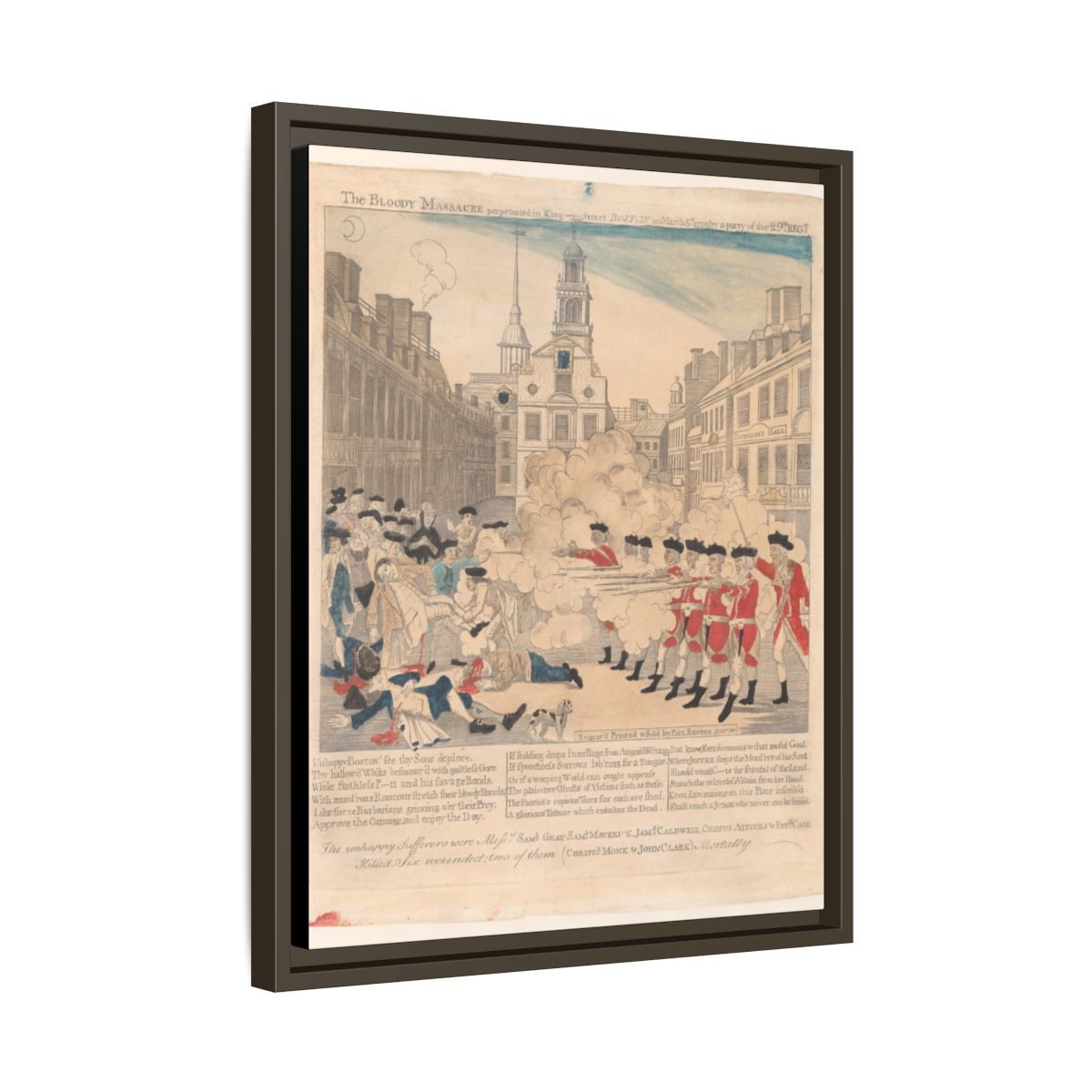 Angled three-quarter view of Paul Revere's Boston Massacre engraving floating frame canvas showing depth and floating reveal