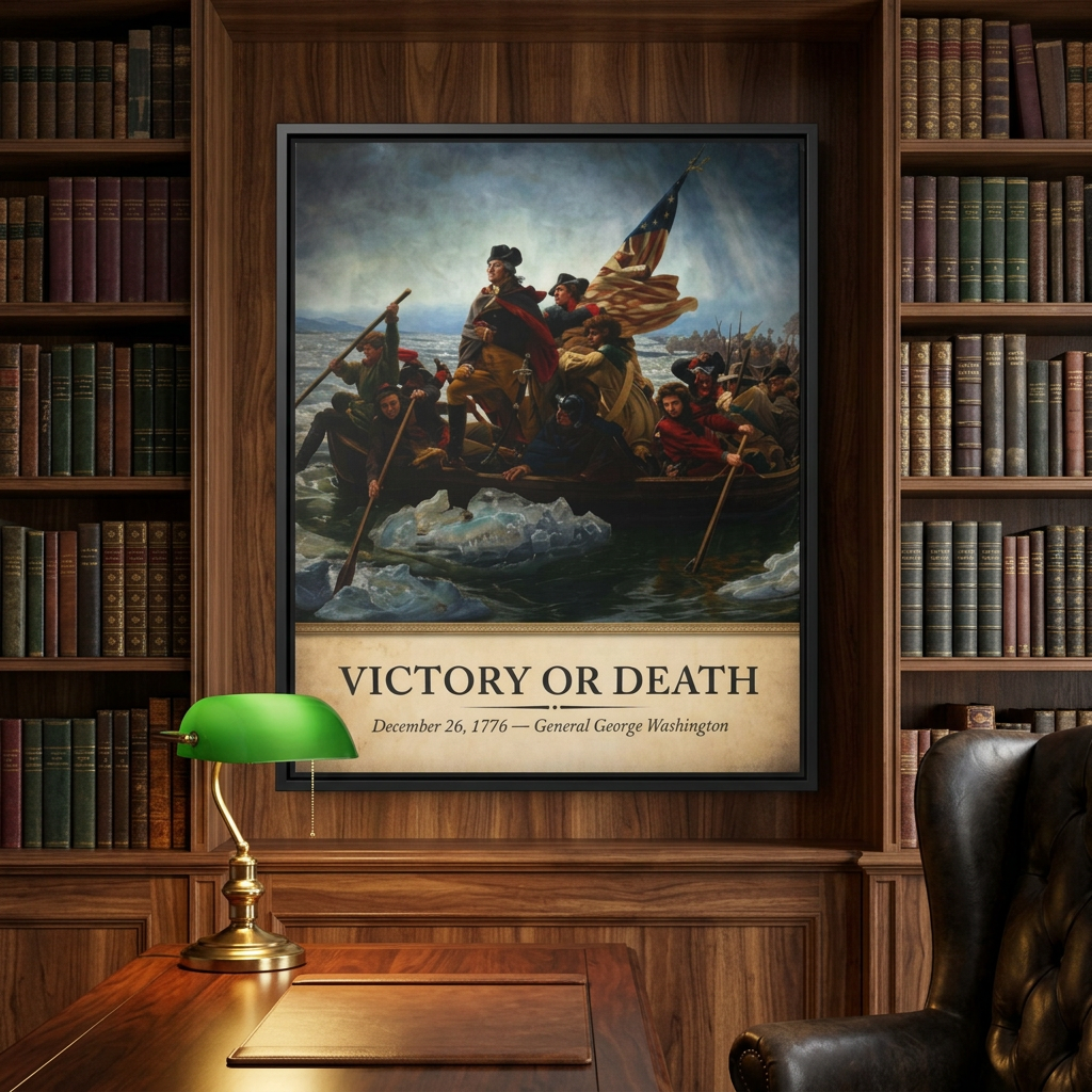 Victory or Death framed canvas hung on a walnut-paneled wall between bookshelves of leather-bound books with a green banker's lamp