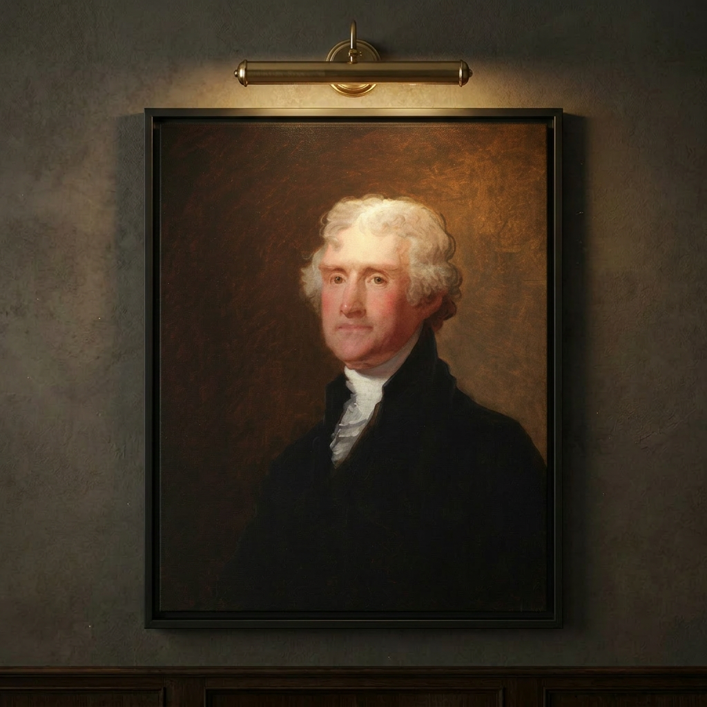 Close-up of Gilbert Stuart's Thomas Jefferson portrait in a black floating frame on a dark wall, lit by a brass picture light