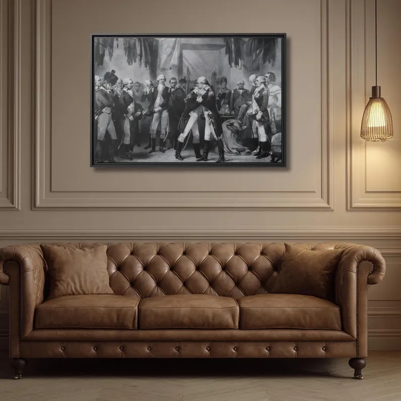 Washington's Farewell to His Officers framed canvas above a cognac leather Chesterfield sofa in a paneled study
