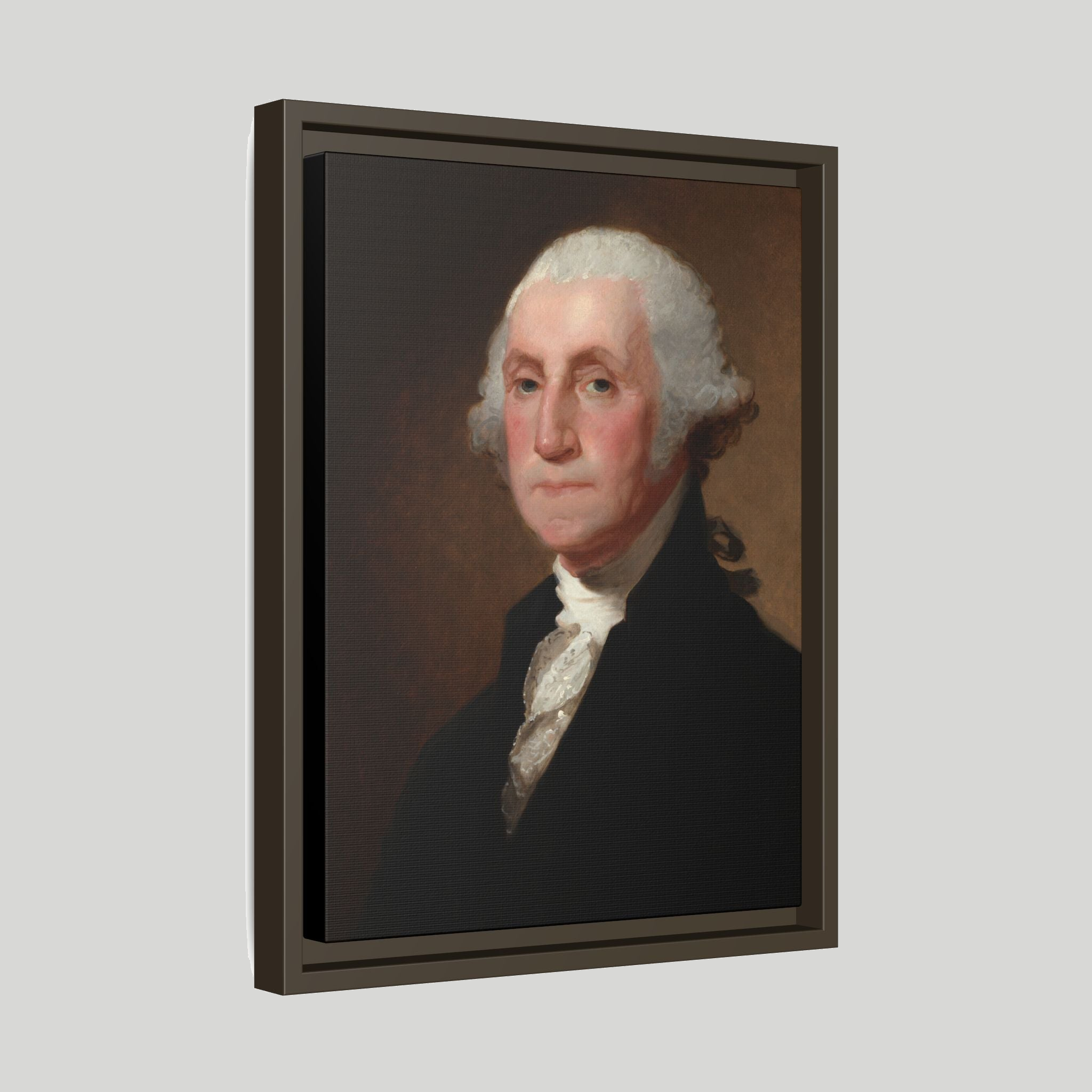 Three-quarter angled studio view of the Athenaeum Portrait of George Washington floating frame canvas showing black frame depth and reveal gap on a light gray background