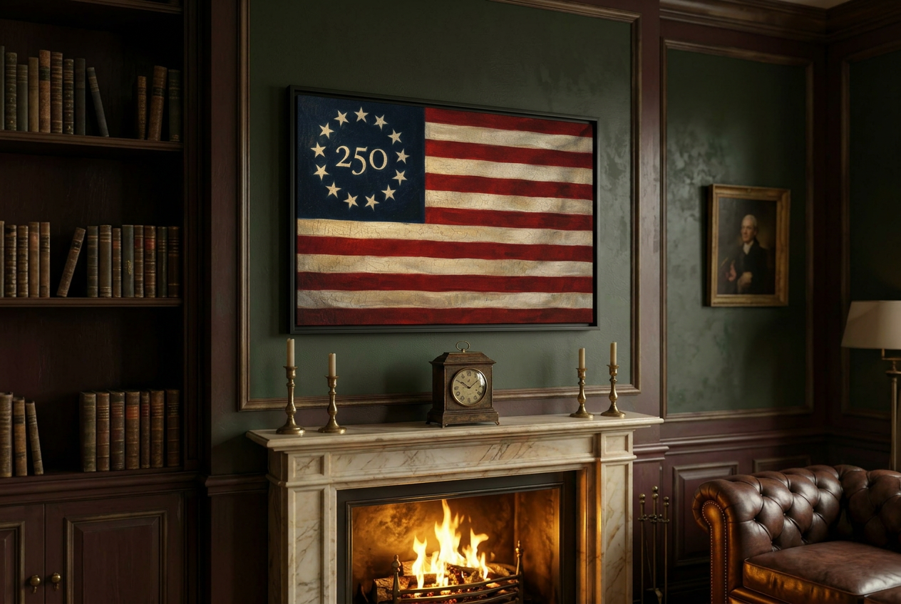 America 250th Anniversary flag framed canvas above a marble fireplace mantel in a wood-paneled study