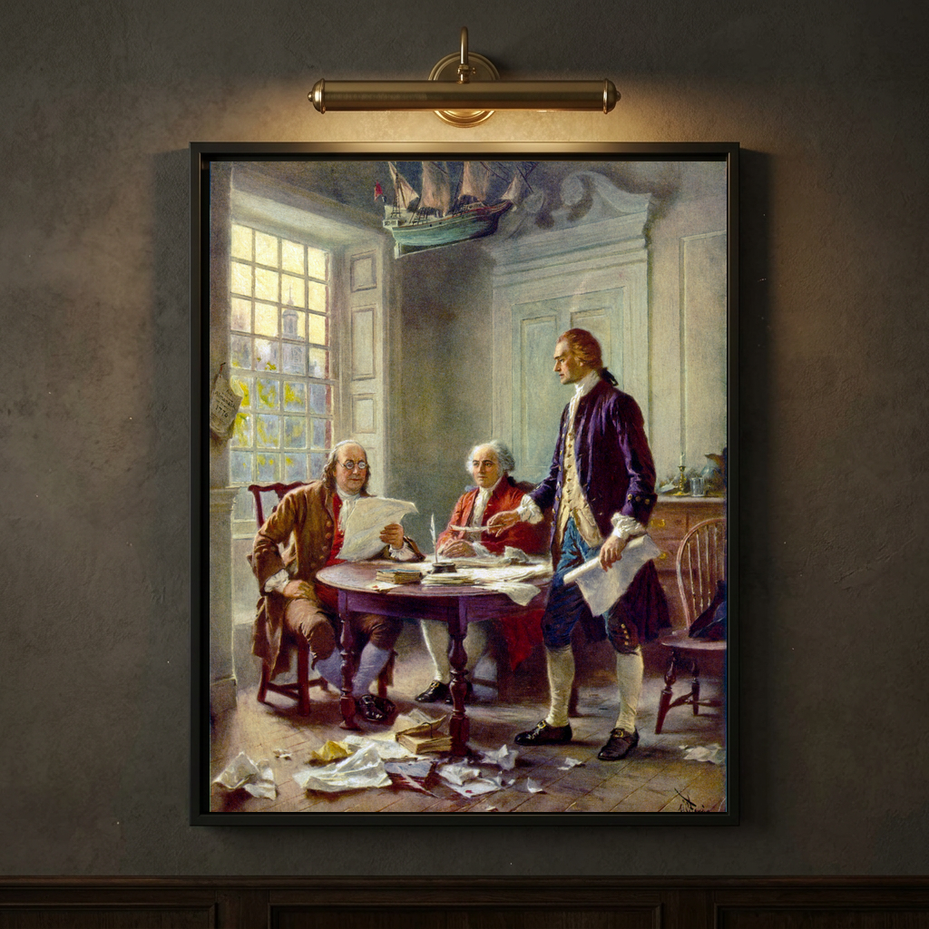 Close-up of Ferris's Writing the Declaration of Independence framed canvas on a dark wall lit by a brass picture light