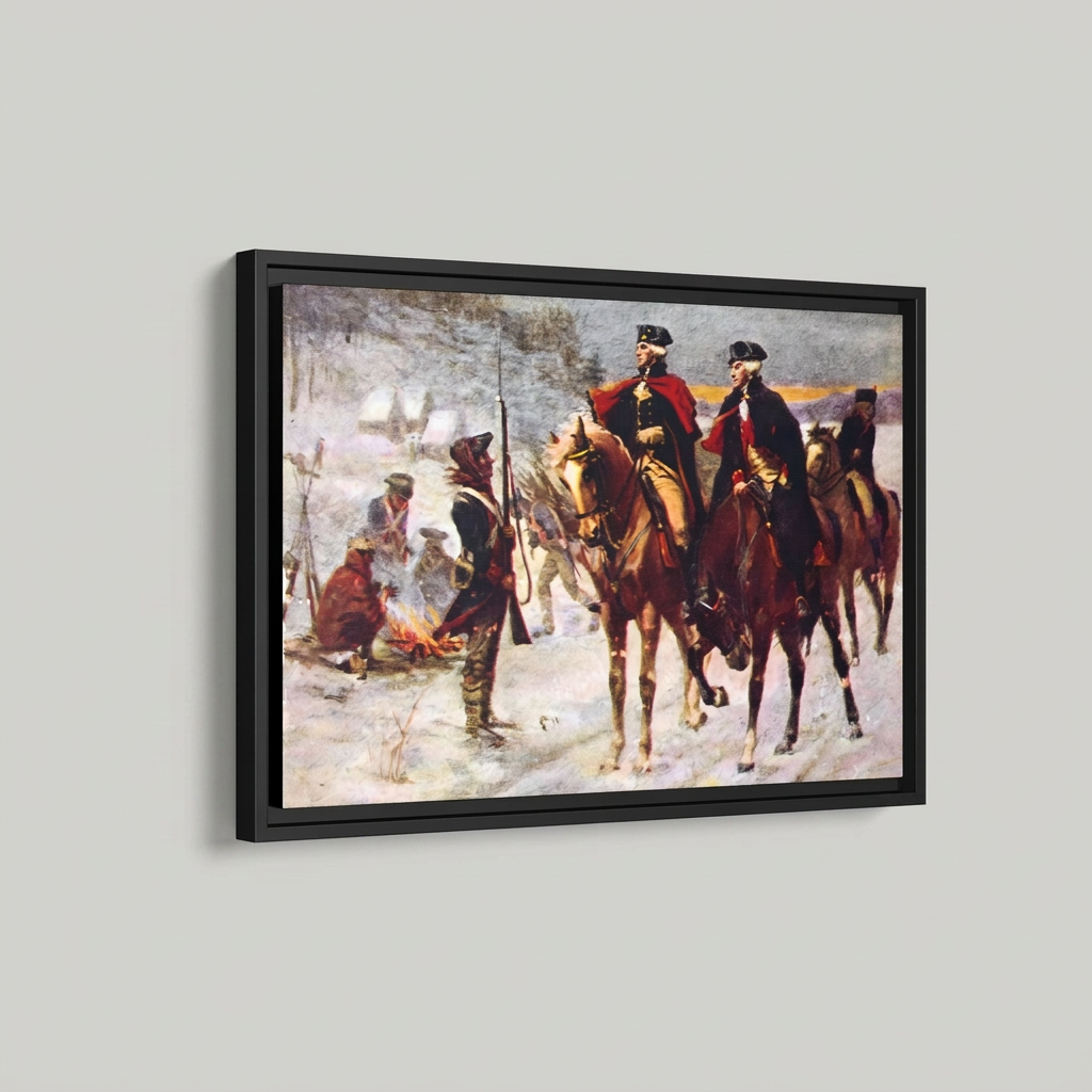 Three-quarter angled studio view of Washington and Lafayette at Valley Forge floating frame canvas showing frame depth and reveal gap on a light gray background