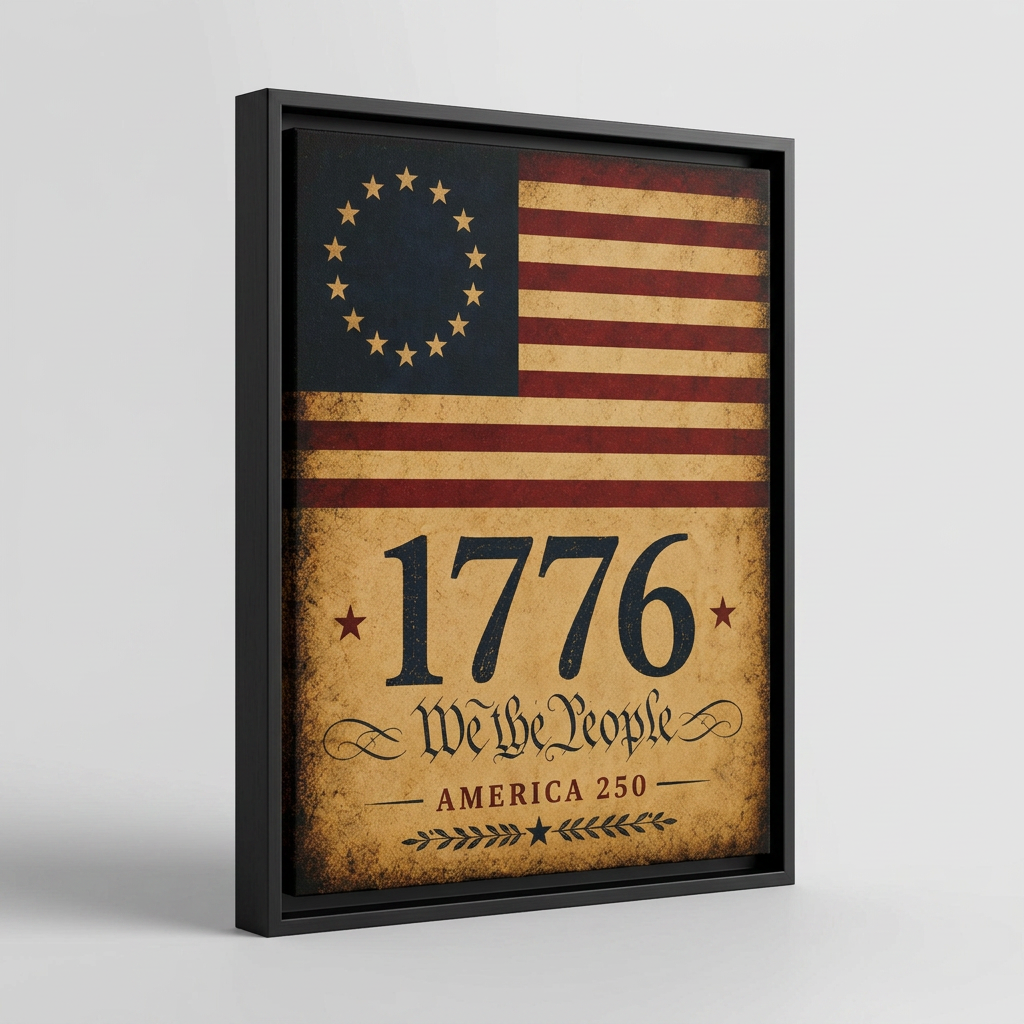 Angled three-quarter view of the 1776 Betsy Ross flag floating frame canvas showing depth and floating reveal