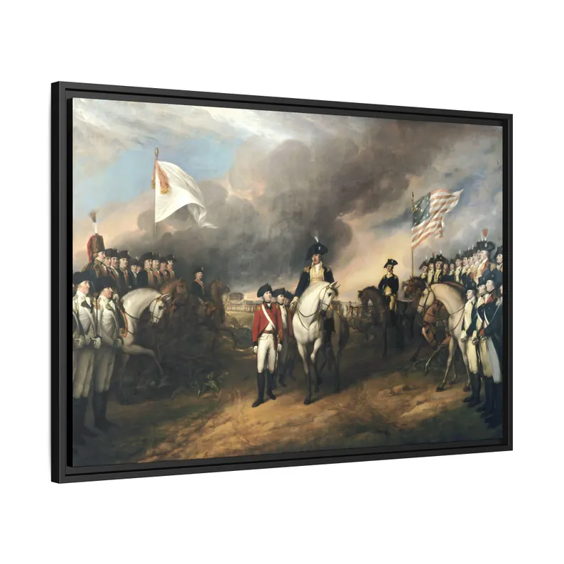 Angled three-quarter view of the Surrender of Cornwallis at Yorktown floating frame canvas showing depth and floating reveal