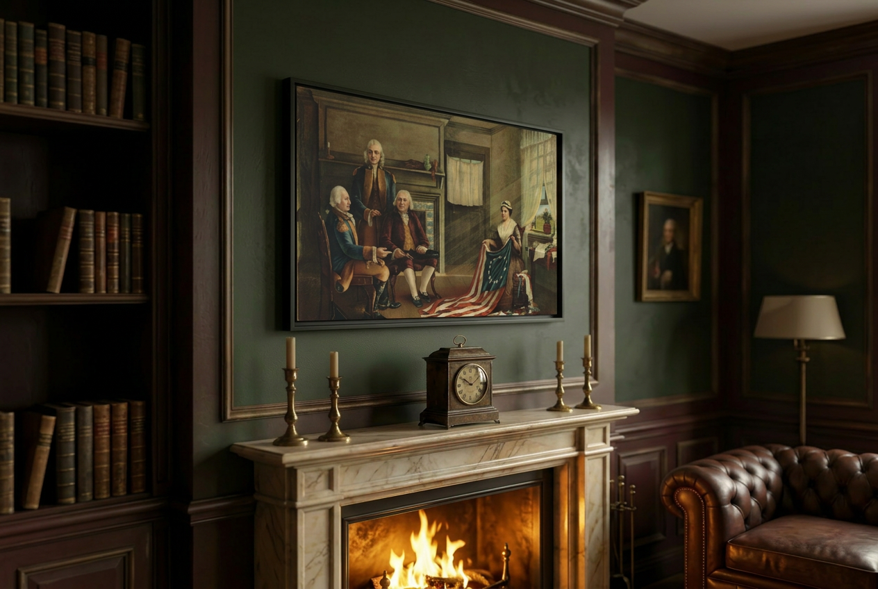 Birth of Our Flag framed canvas hung above a marble fireplace mantel in a wood-paneled study with leather chair and brass candlesticks