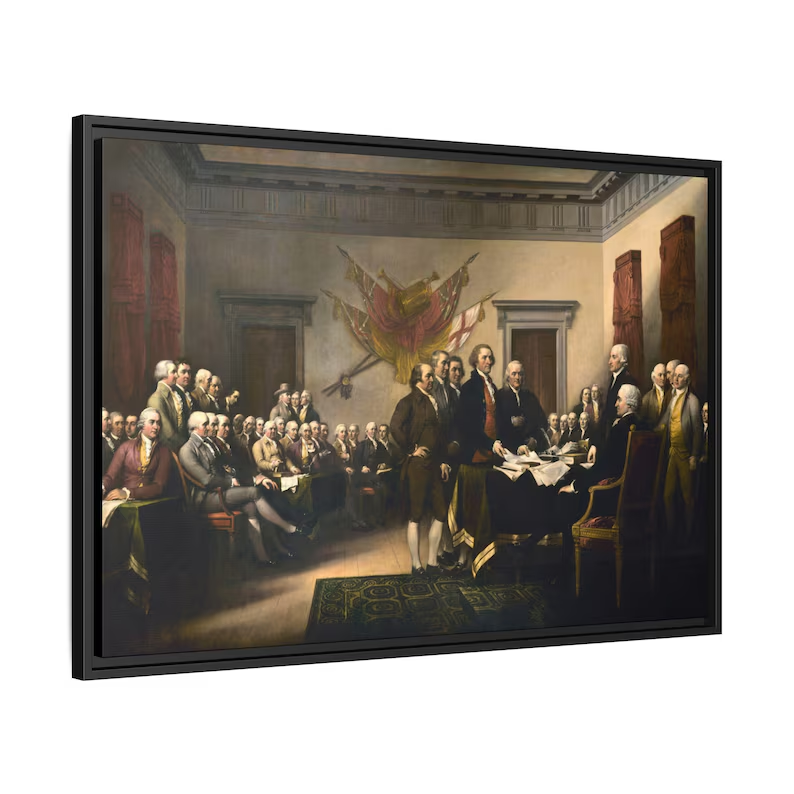 Angled three-quarter view of the Declaration of Independence floating frame canvas showing depth and floating reveal