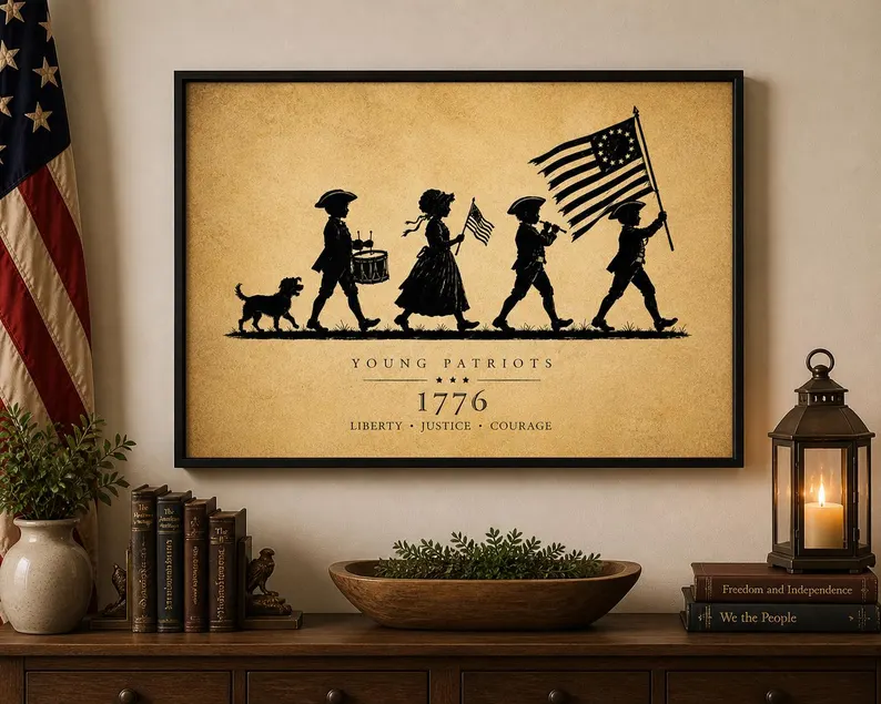 Young Patriots 1776 framed canvas hanging above a wooden mantel shelf beside an American flag, with heritage books, a potted plant, a wooden bowl of greenery, and a candle lantern