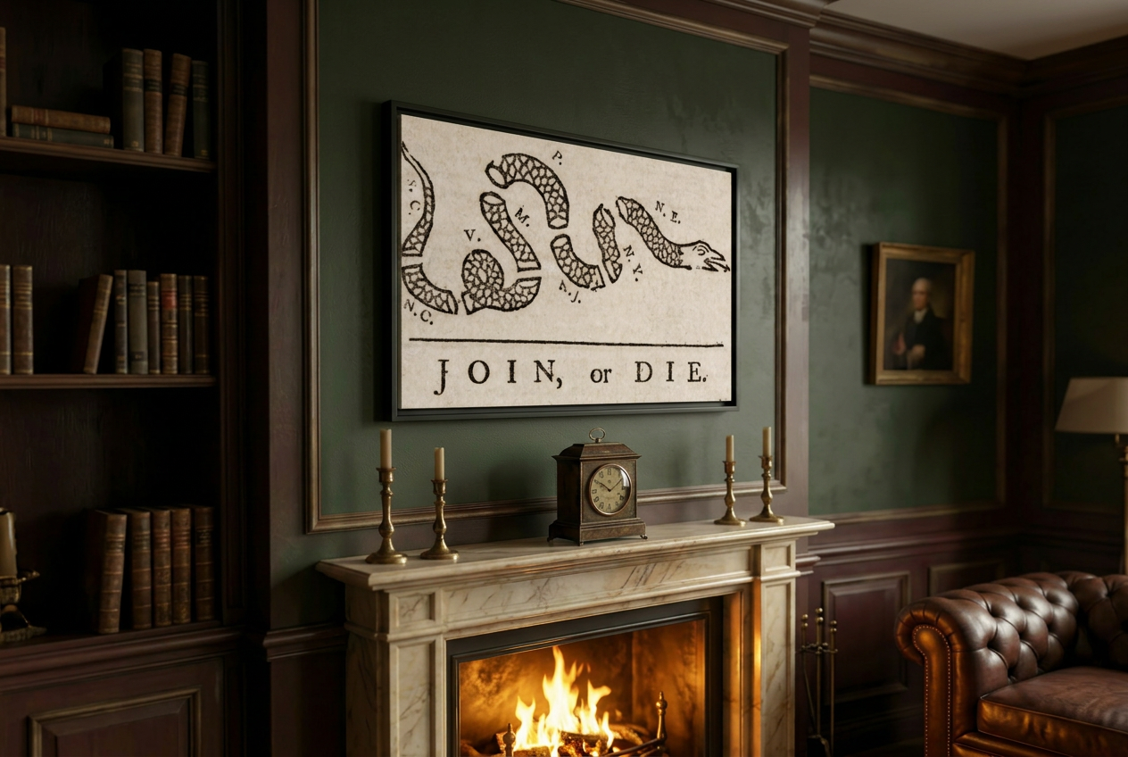 Join, or Die framed canvas hung above a marble fireplace mantel in a wood-paneled study with leather Chesterfield chair and brass candlesticks