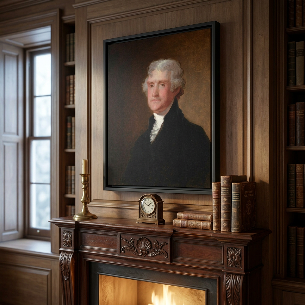 Thomas Jefferson portrait framed canvas above an aged carved dark mahogany fireplace mantel in a scholarly study