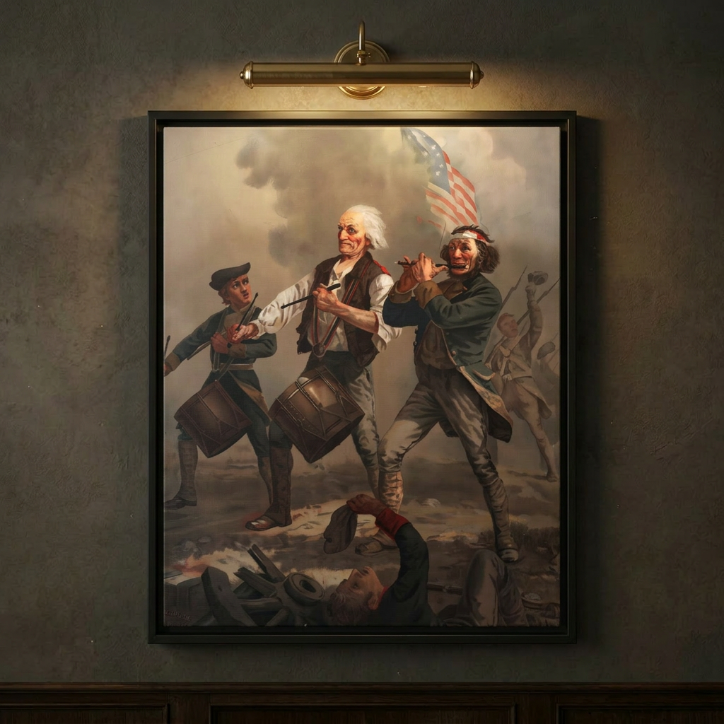 Close-up of the Spirit of '76 framed canvas on a dark wall lit by a brass picture light