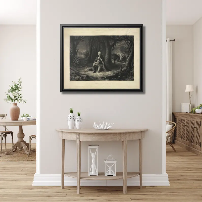 The Prayer at Valley Forge framed canvas above a light demi-lune console table in a bright airy entryway