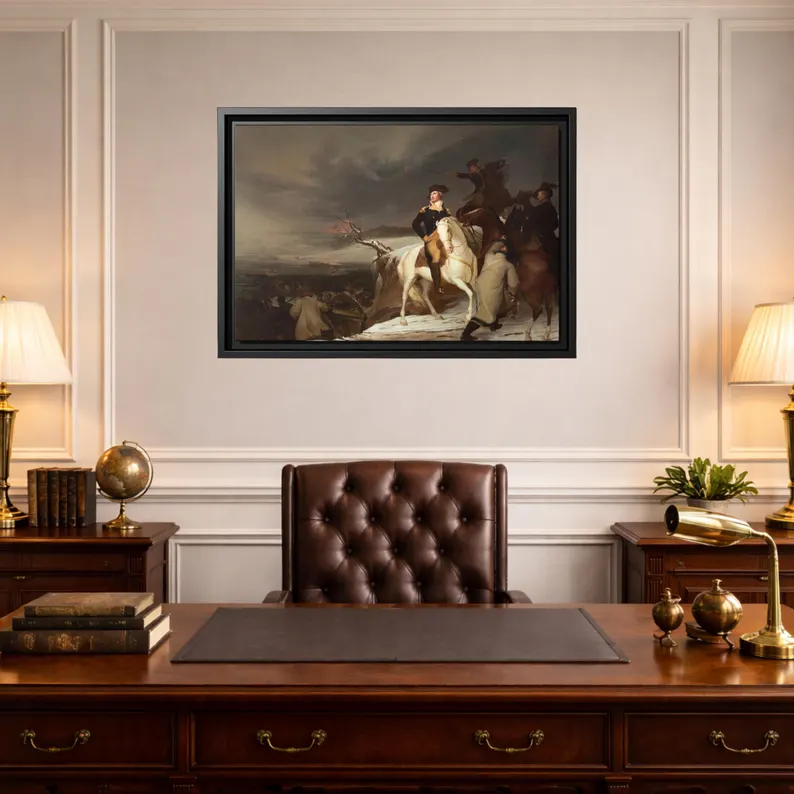 Thomas Sully's The Passage of the Delaware framed canvas above an executive mahogany desk with tufted leather chair and brass banker's lamps
