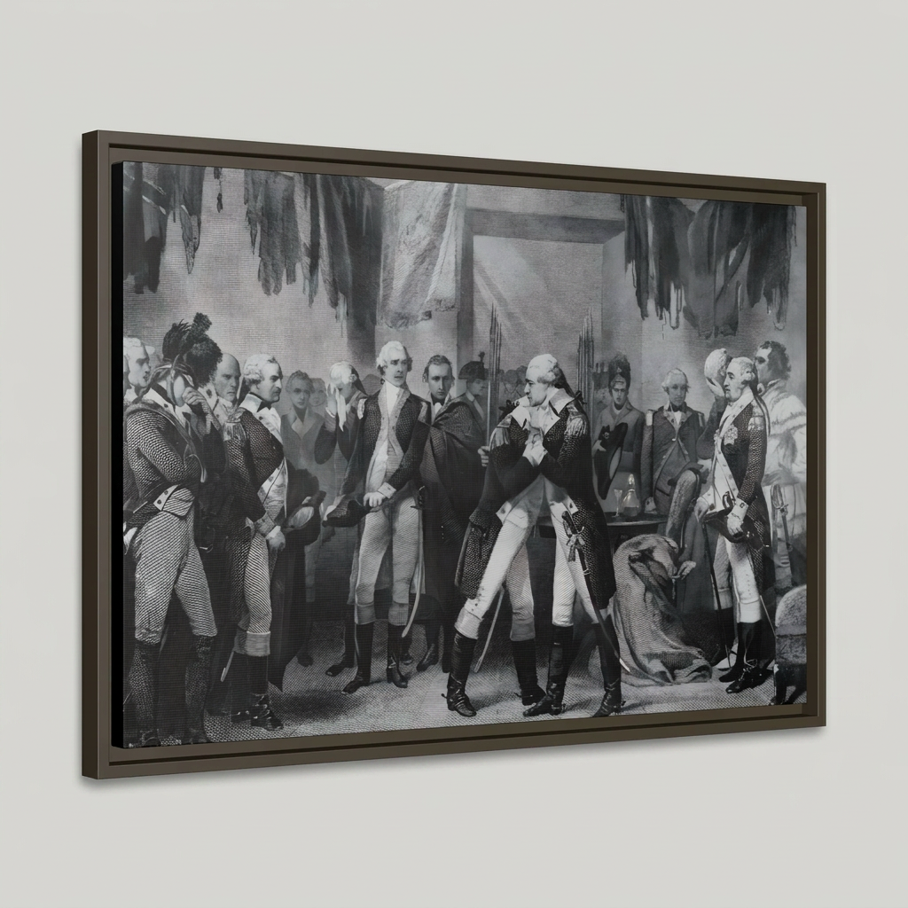 Three-quarter angled studio view of Washington's Farewell to His Officers floating frame canvas showing frame depth and reveal gap on a light gray background
