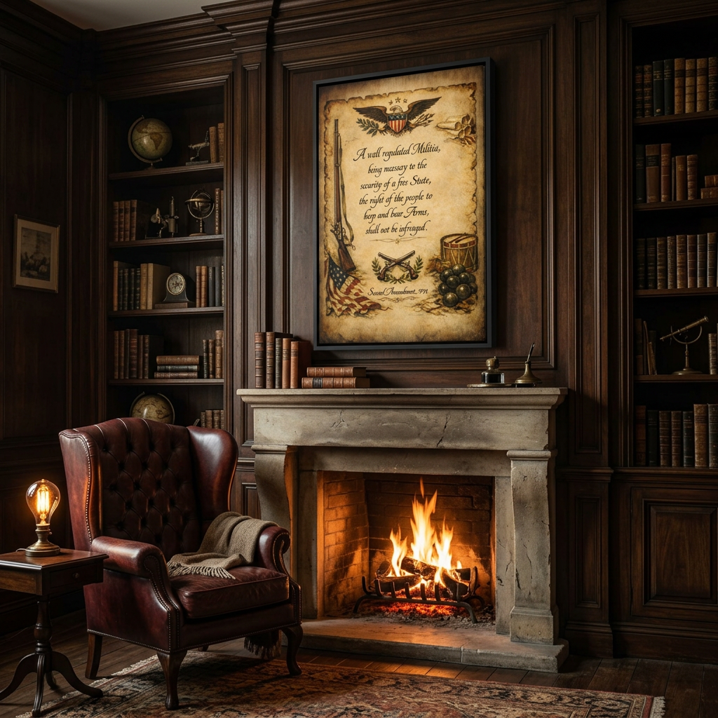 Second Amendment framed canvas above a stone fireplace in an executive home library with leather wingback chair, dark wood paneling, and warm firelight