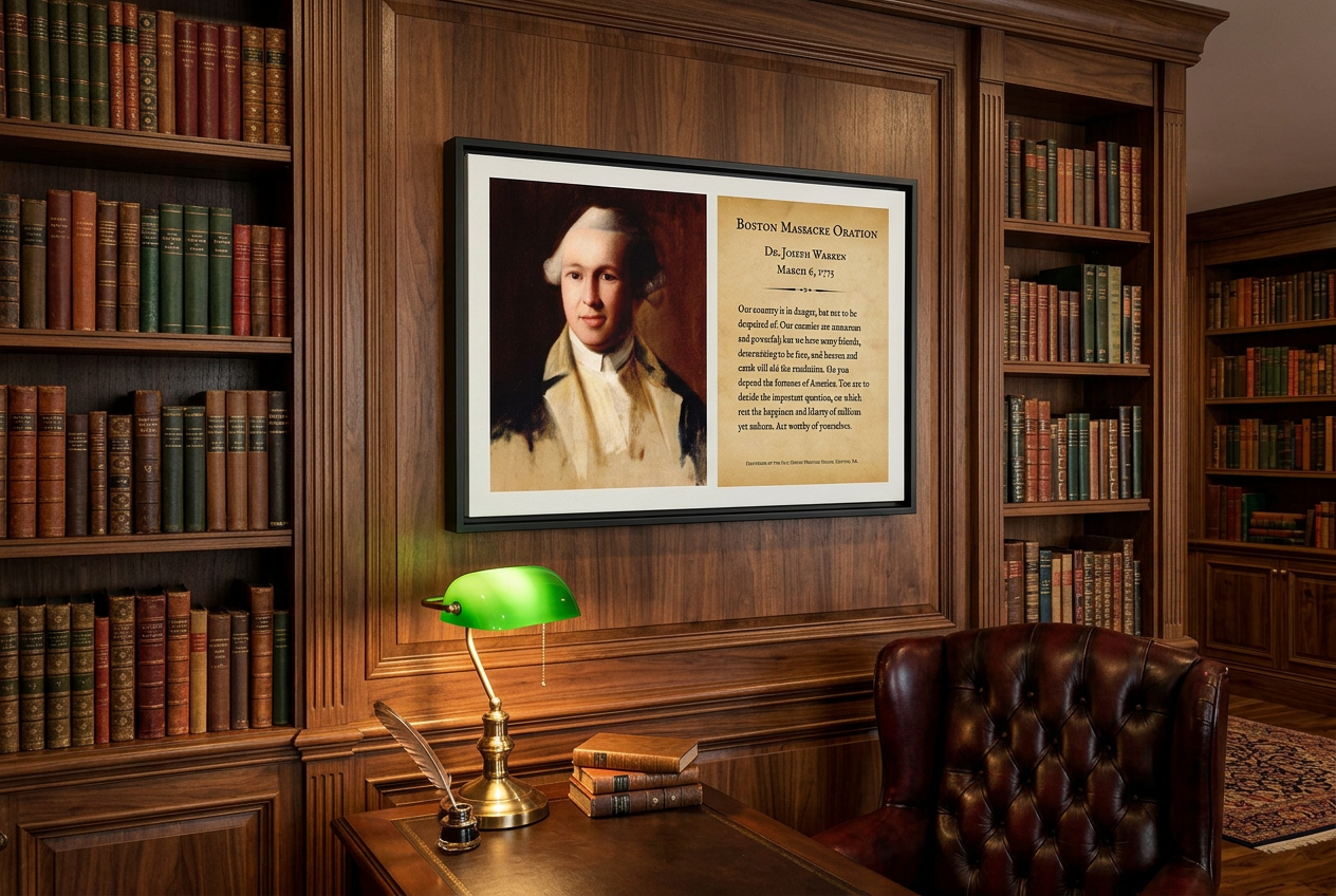 Boston Massacre Oration framed canvas in a wood-paneled gentleman's library with leather Chesterfield chair