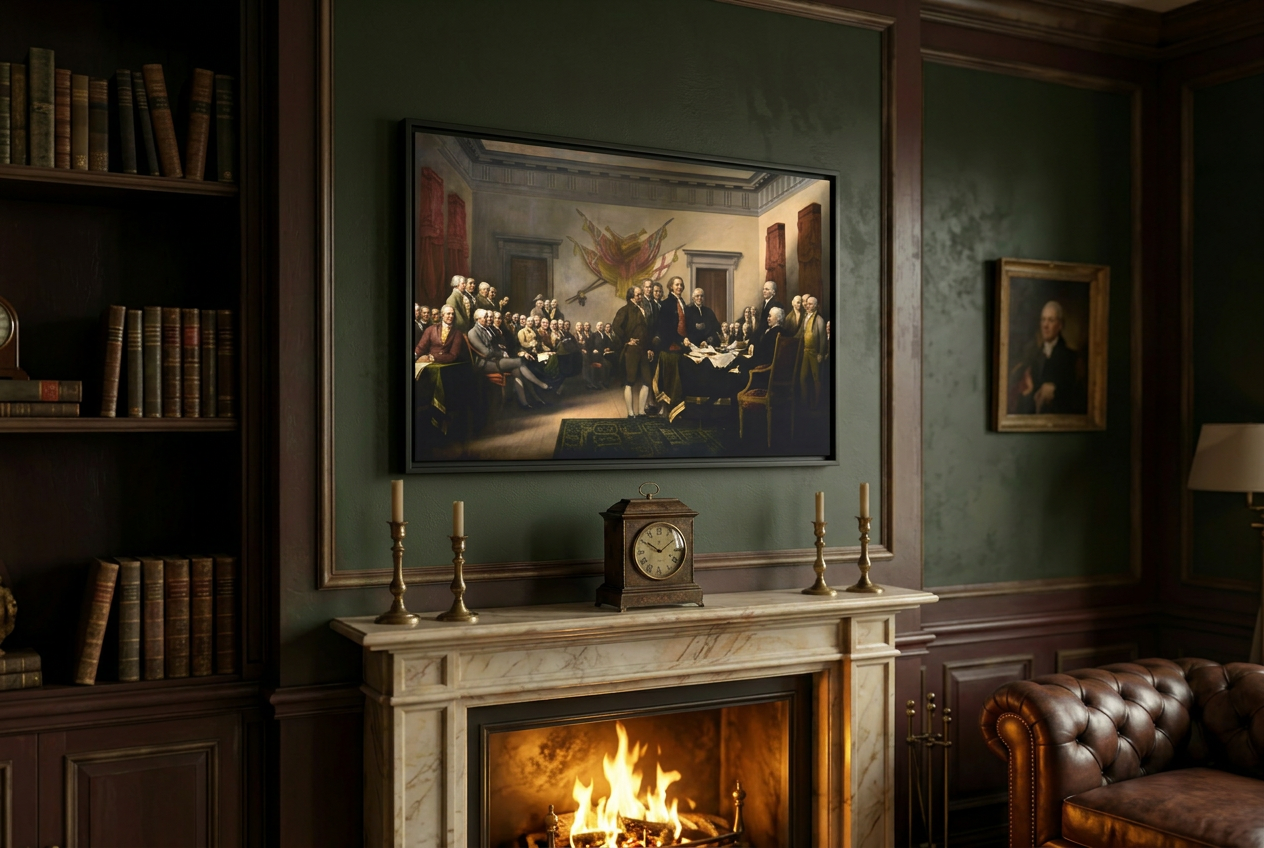 Declaration of Independence framed canvas above a marble fireplace mantel in a wood-paneled study