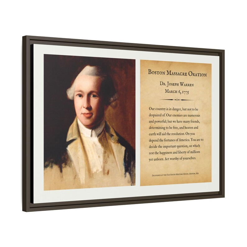 Angled three-quarter view of the Boston Massacre Oration floating frame canvas showing depth and floating reveal
