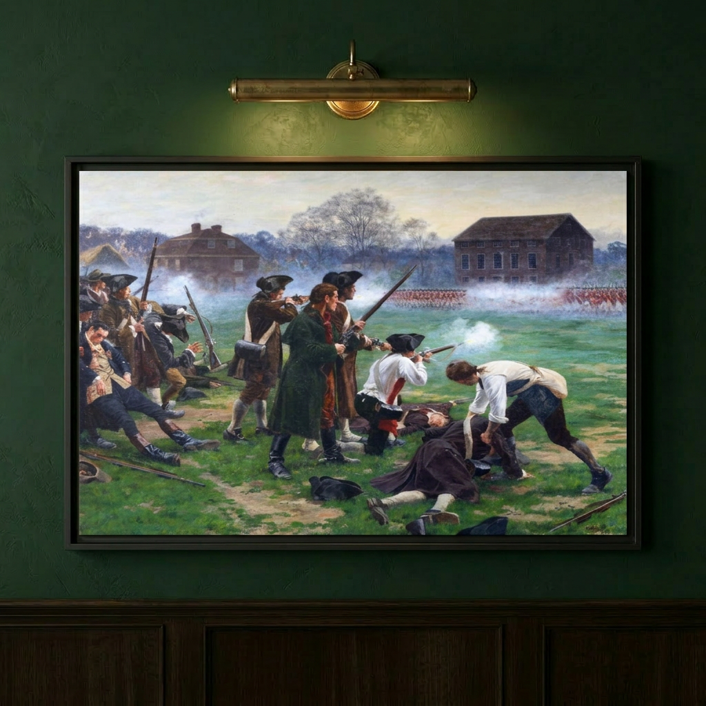 Close-up of The Battle of Lexington framed canvas on a deep sage green wall lit by a brass picture light