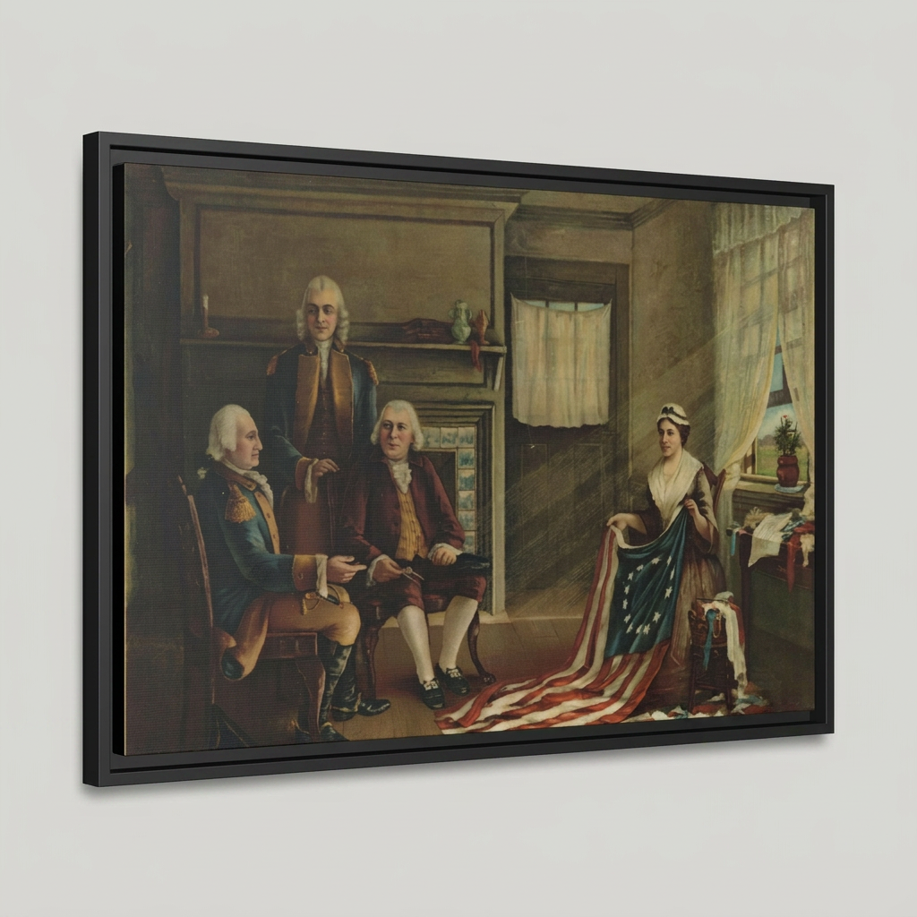 Three-quarter angled studio view of the Birth of Our Flag floating frame canvas showing black frame depth and reveal gap on a light gray background