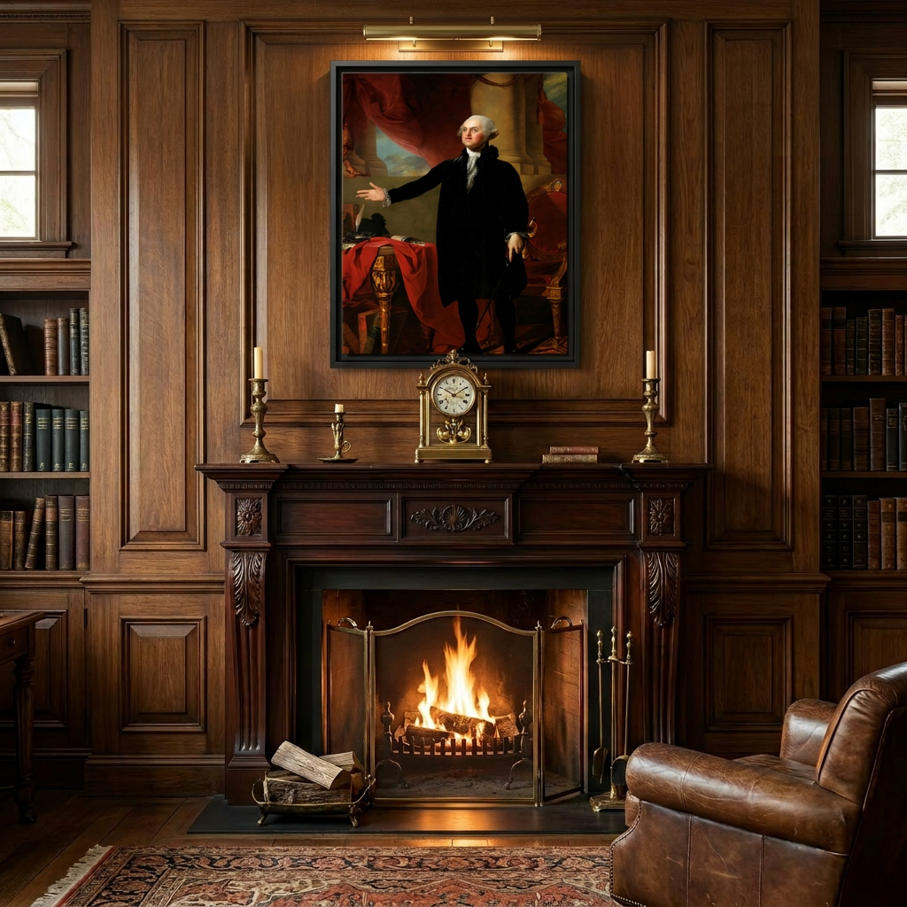 Lansdowne Portrait of George Washington framed canvas above a carved mahogany fireplace mantel in a wood-paneled study