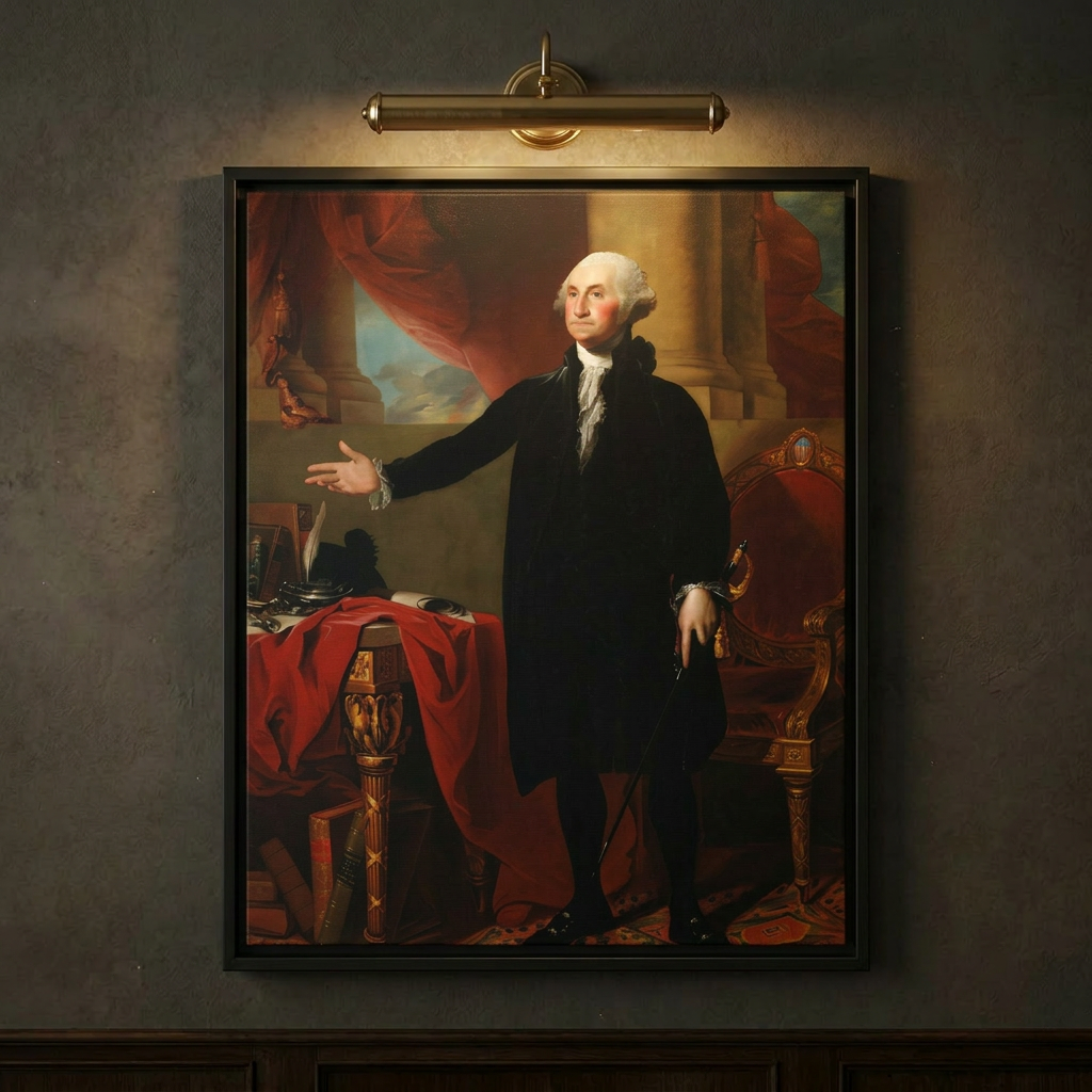Close-up of Gilbert Stuart's Lansdowne Portrait of George Washington framed canvas on a dark wall lit by a brass picture light