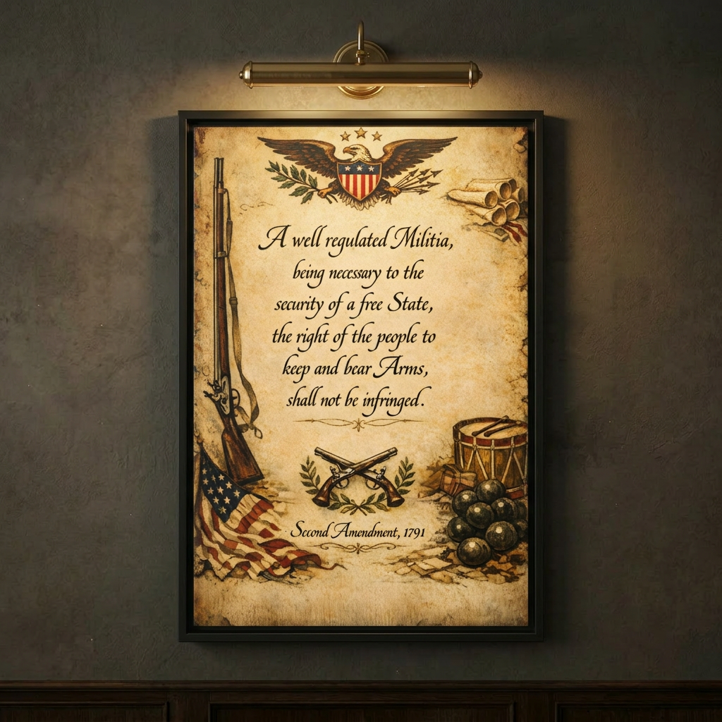 Close-up of the Second Amendment vintage parchment framed canvas with long rifle, colonial drum, and thirteen-star flag, lit by a brass picture light on a dark wall