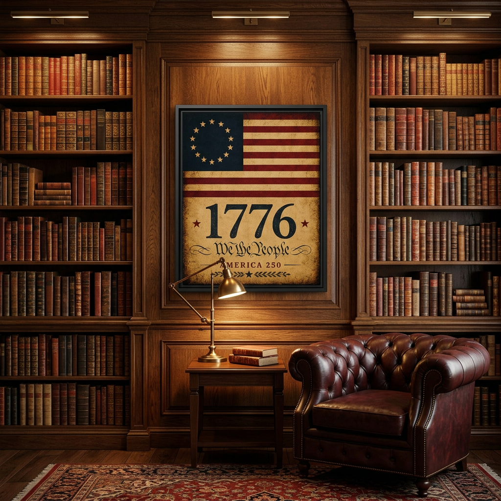 1776 Betsy Ross flag framed canvas in a wood-paneled gentleman's library with leather Chesterfield chair