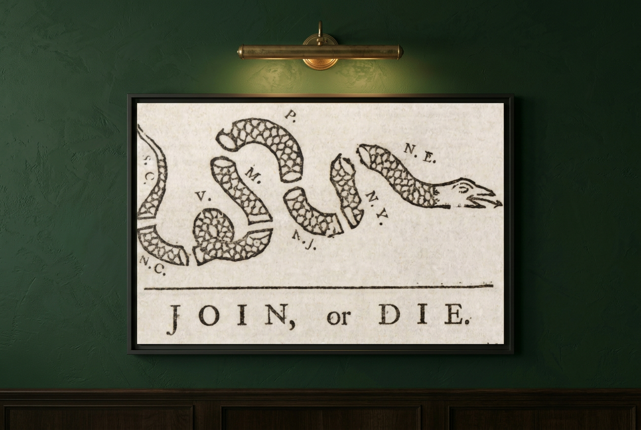 Close-up of Benjamin Franklin's Join, or Die woodcut framed canvas on a deep sage green wall lit by a brass picture light