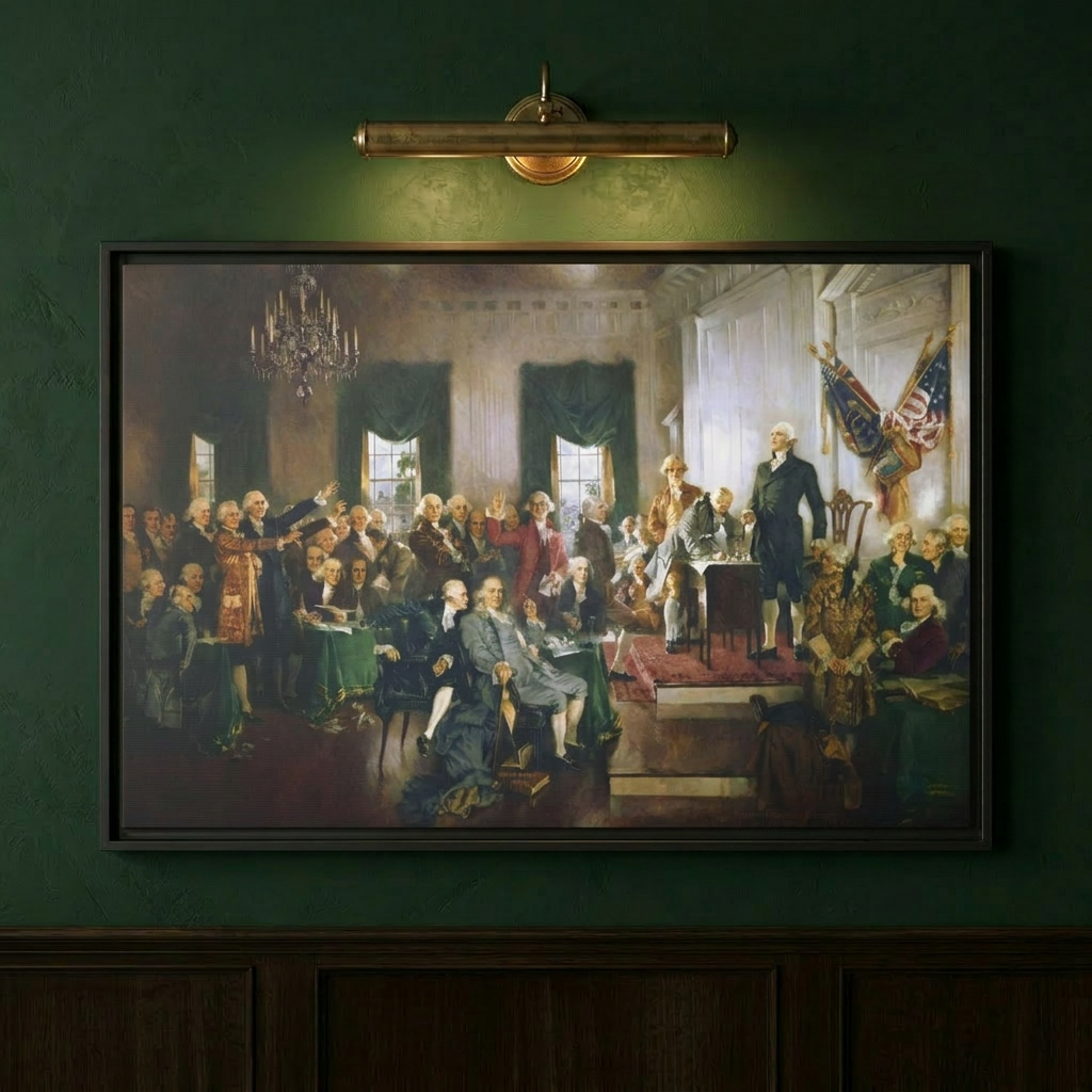 Close-up of Scene at the Signing of the Constitution framed canvas on a deep sage green wall lit by a brass picture light