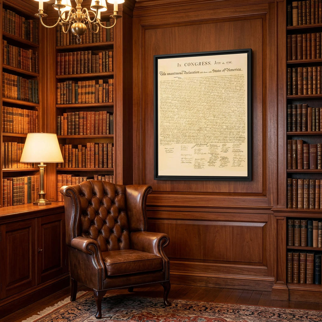 Aged Declaration of Independence framed canvas in a wood-paneled gentleman's library with leather Chesterfield chair
