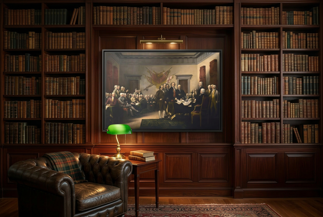 Declaration of Independence framed canvas hung in a wood-paneled library with leather Chesterfield chair
