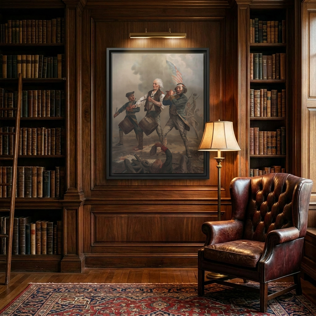 Spirit of '76 framed canvas in a wood-paneled gentleman's library with leather Chesterfield chair
