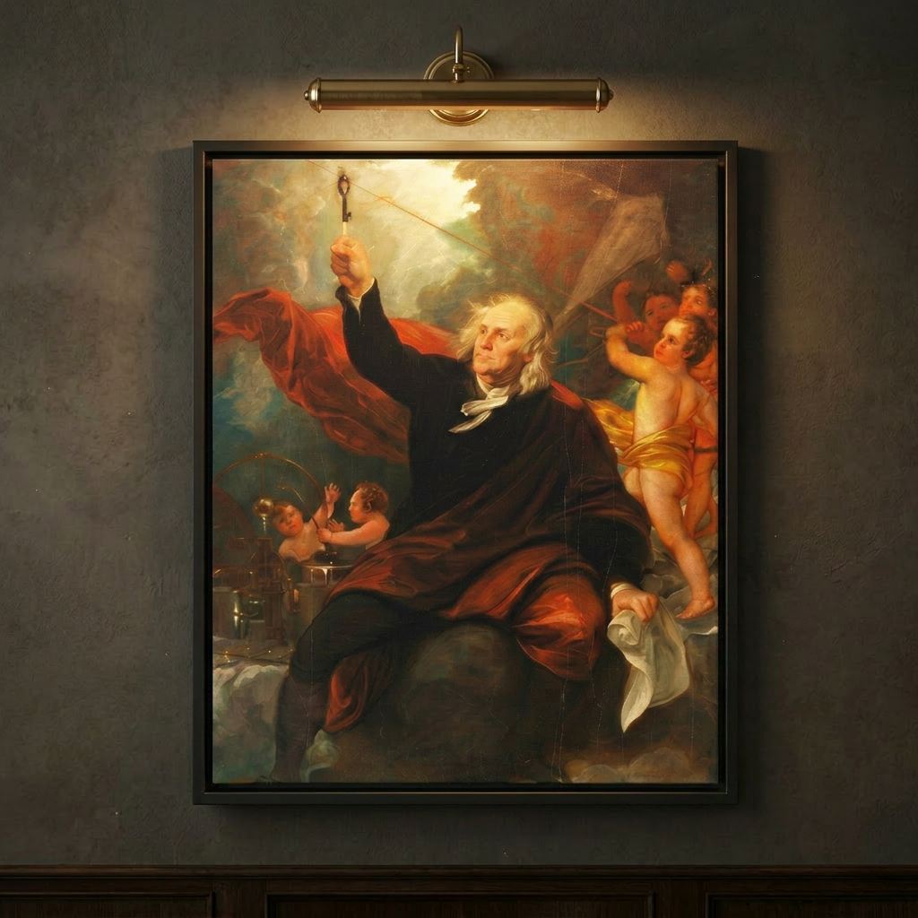 Close-up of the portrait framed canvas on a dark wall lit by a brass picture light