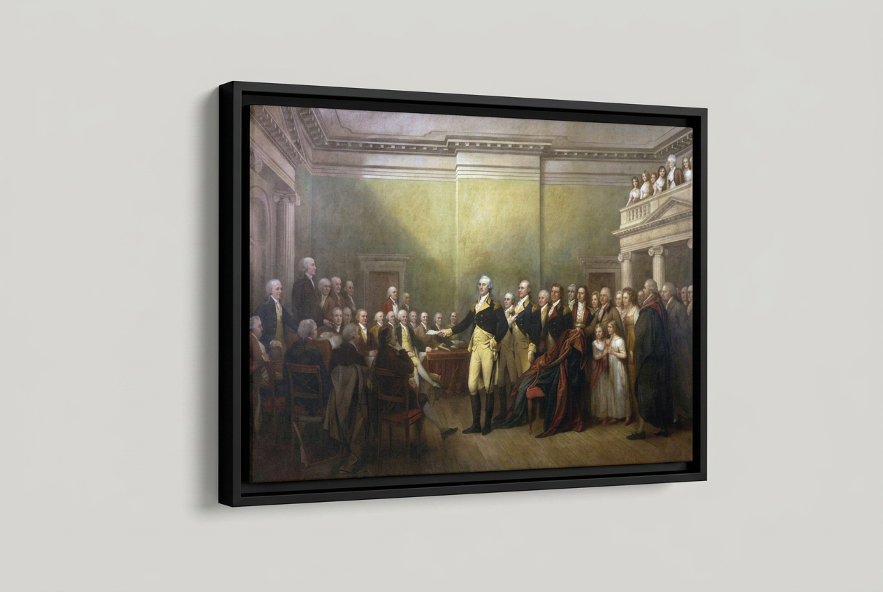 Three-quarter angled studio view of General George Washington Resigning His Commission floating frame canvas showing frame depth and reveal gap on a light gray background