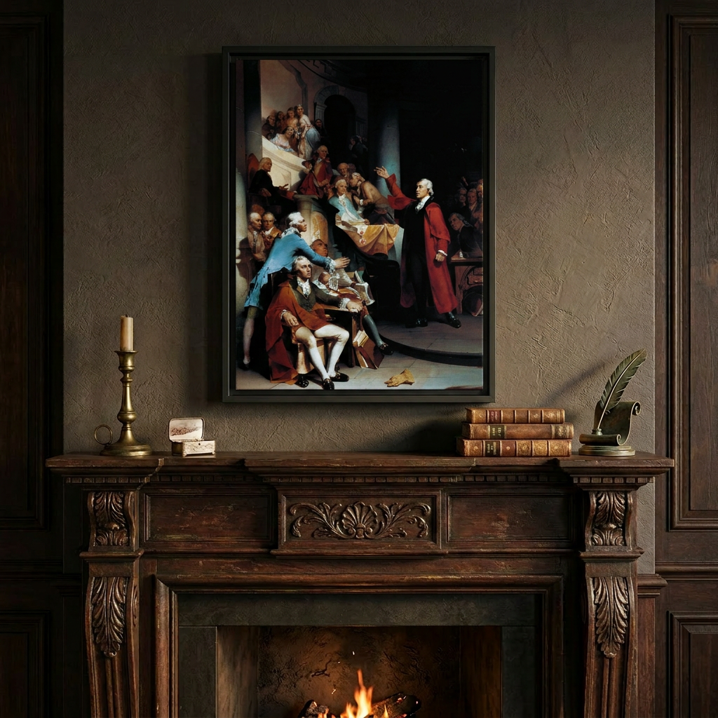 Patrick Henry Speech framed canvas above an aged carved dark mahogany fireplace mantel in a scholarly study