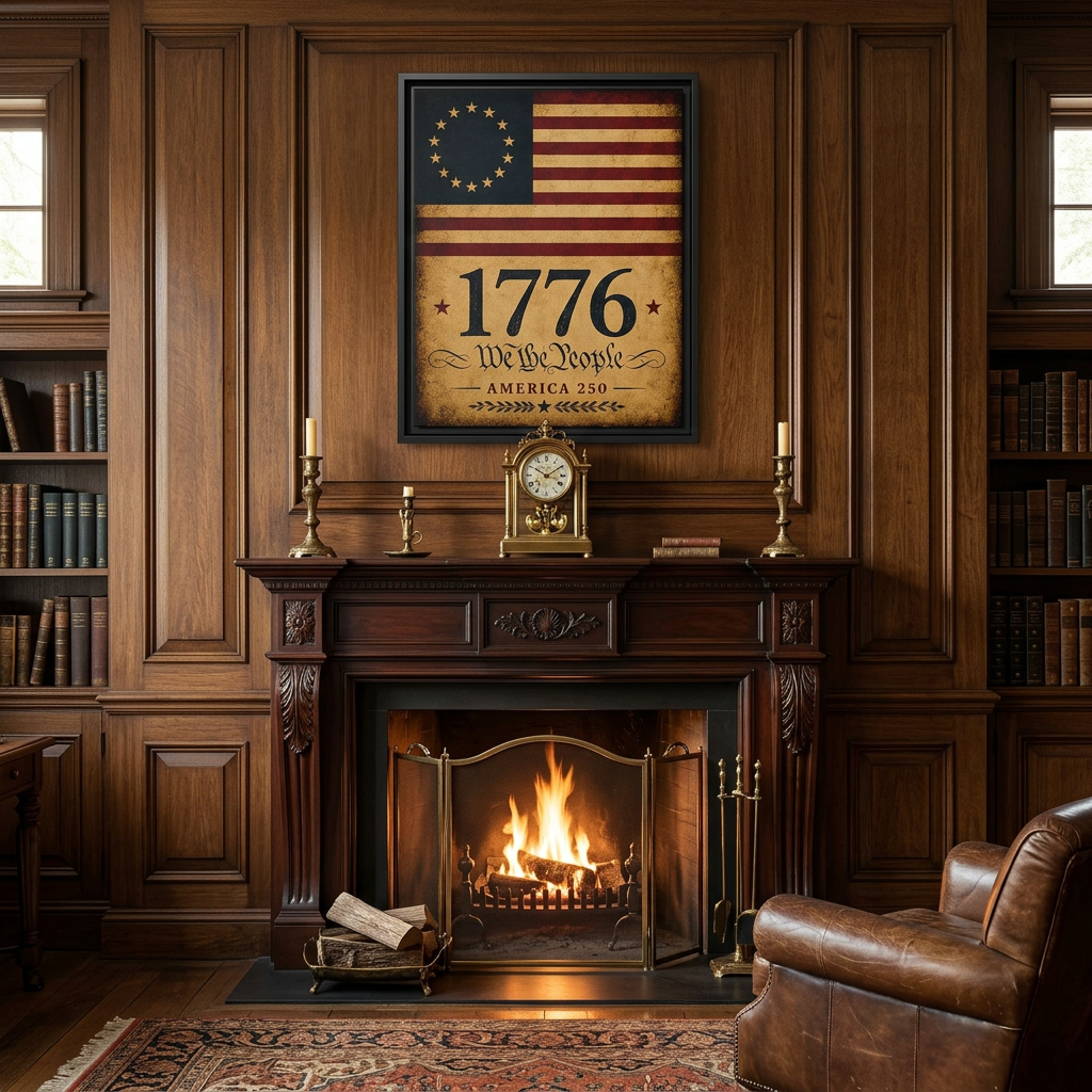 1776 Betsy Ross flag framed canvas above an aged carved dark mahogany fireplace mantel in a scholarly study