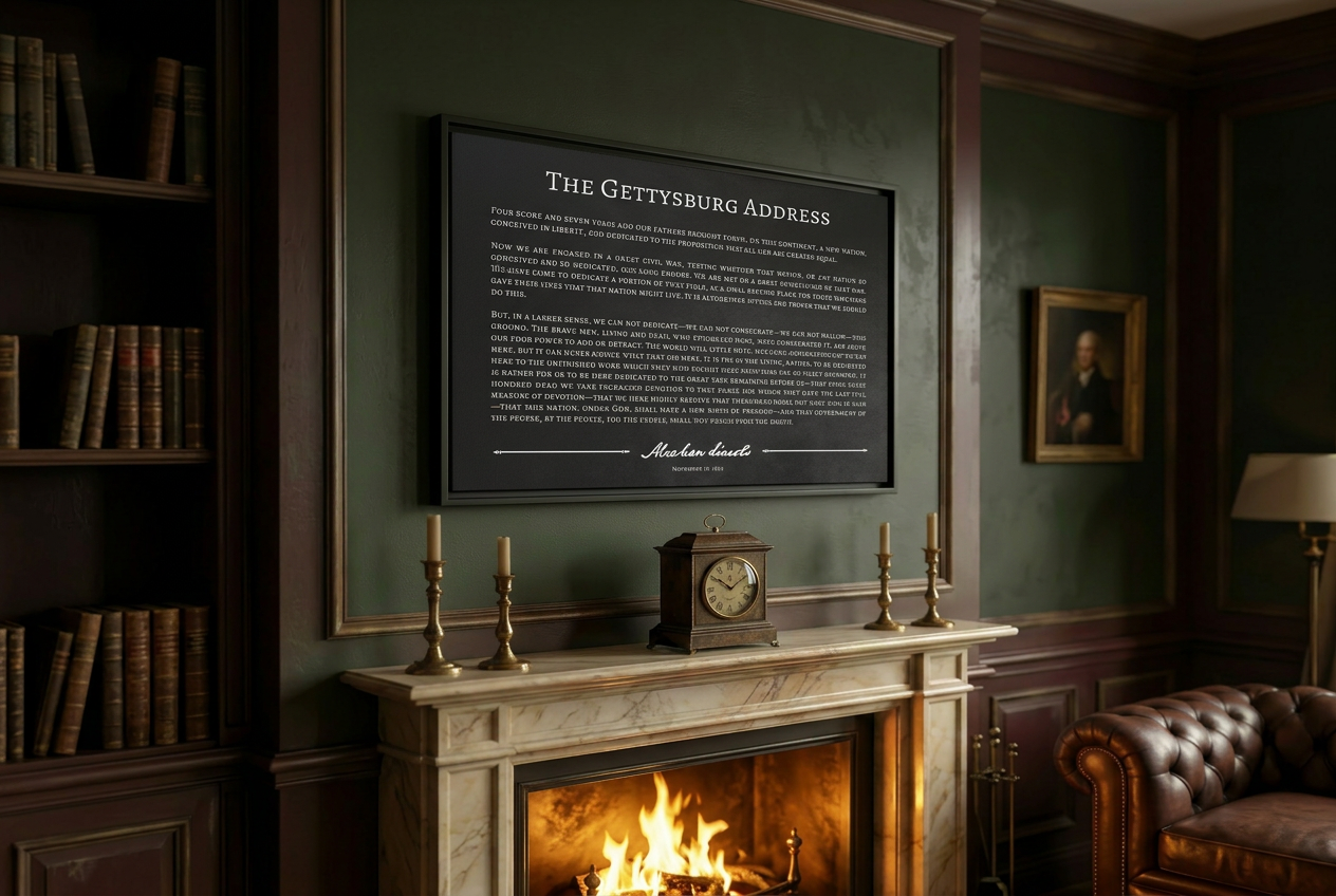 Gettysburg Address framed canvas above a marble fireplace mantel in a wood-paneled study