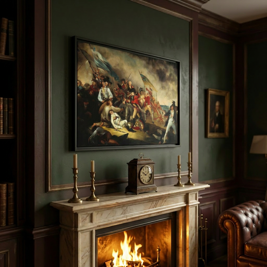 Framed canvas angled above a marble fireplace mantel