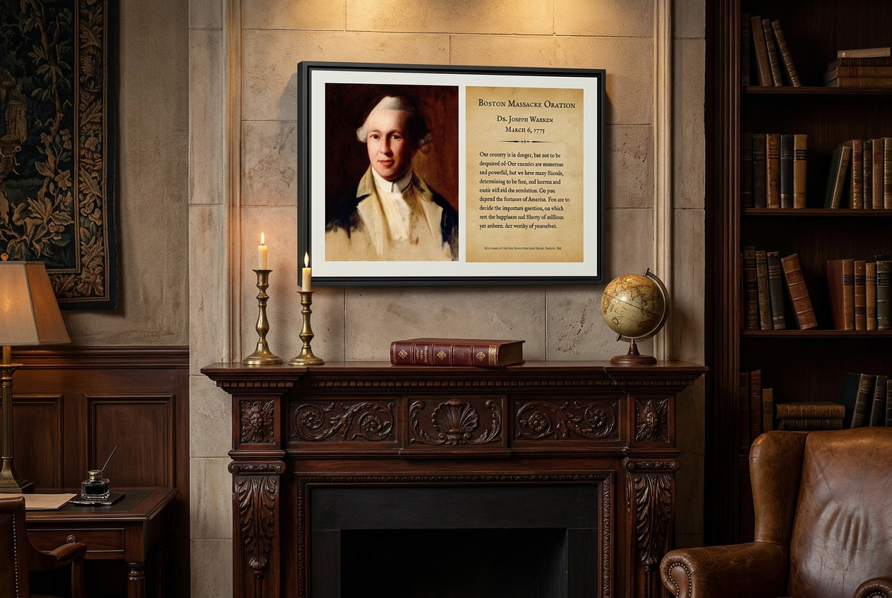 Boston Massacre Oration framed canvas above an aged carved dark mahogany fireplace mantel in a scholarly study